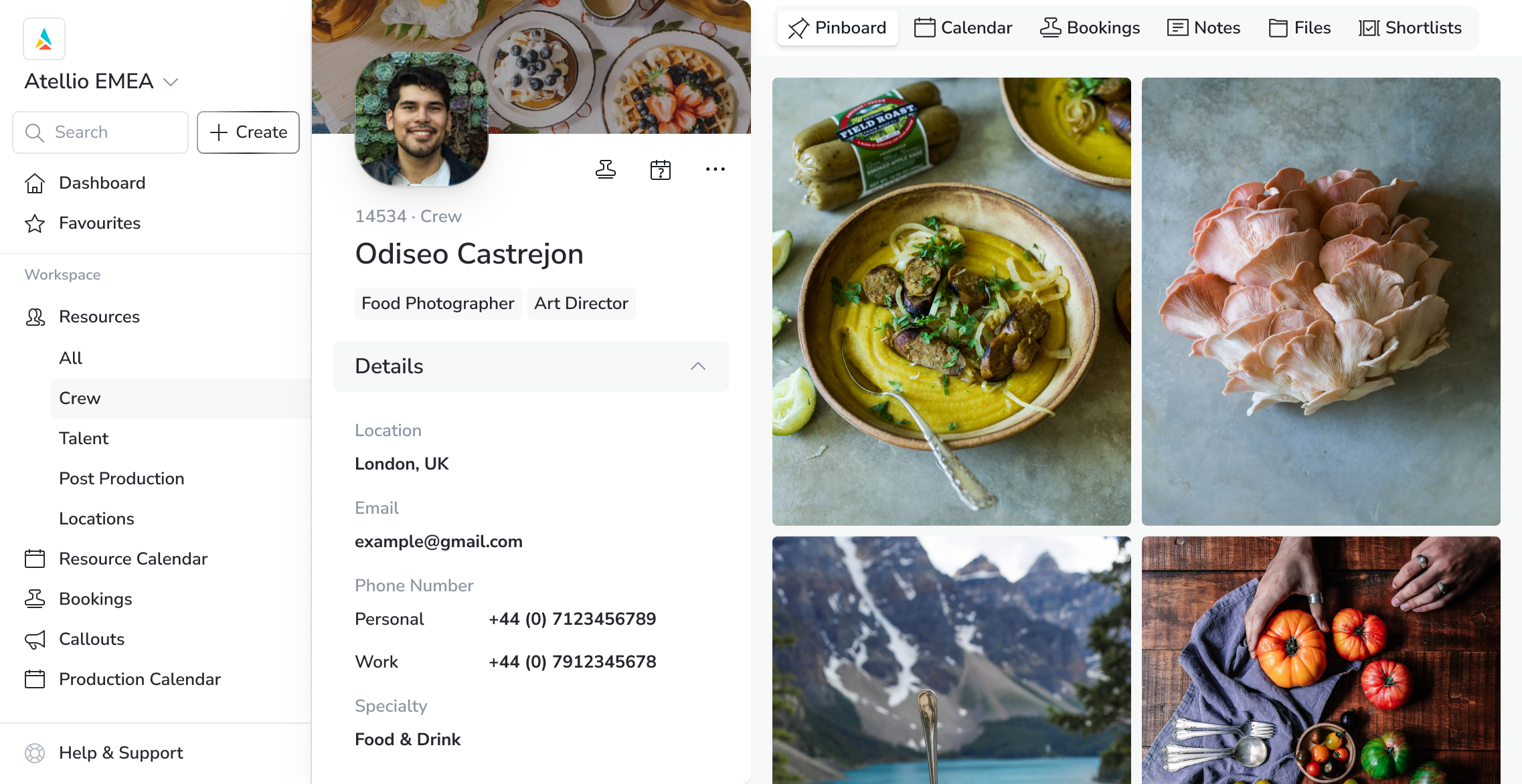 Atellio app showing a crew member's profile with details, bookings and pinboard